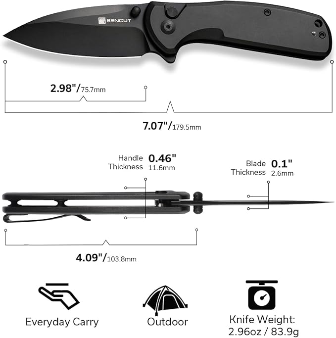 SENCUT ArcBlast Button Lock Knife for EDC, Folding Pocket knife with Aircraft-grade Aluminum Handle and 2.98" 9Cr18MoV Blade, Outdoor Gift for Men and Women S22043B-1 (Black)