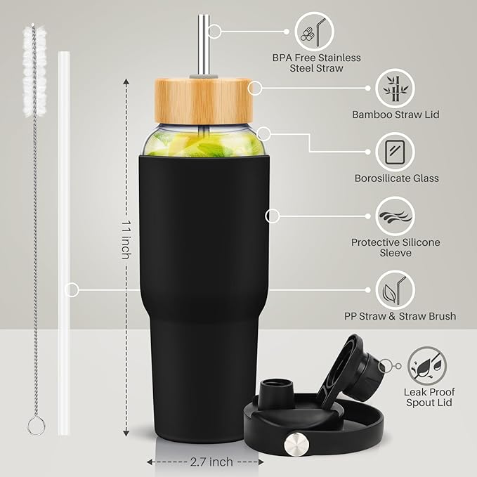 PROBTTL Glass Water Bottles 32 oz, 1 Liter Glass Tumbler, Borosilicate Water Bottle with Straw, Silicone Sleeve, 2 Lids - Handle Spout & Bamboo Straw Lid, Fits Car Cup Holder