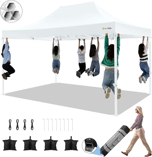 HOTEEL 10x15 Pop up Canopy Tent for Parties, Heavy Duty Easy Setup Tent Without Sidewalls, Outdoor Commercial Instant Gazebo for Wedding Event, with Roller Bag & Sand Bags, White(Hexagonal Frame)