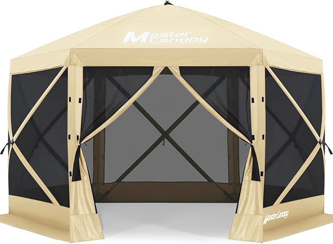 MASTERCANOPY 10x10FT Pop Up Gazebo Screen Tent - Instant Screen House with Netting, Quick Set, Outdoor Canopy Shelter with Carry Bag for Camping, Backyard & Patio (Beige)