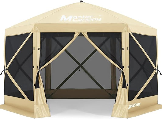 MASTERCANOPY 10x10FT Pop Up Gazebo Screen Tent - Instant Screen House with Netting, Quick Set, Outdoor Canopy Shelter with Carry Bag for Camping, Backyard & Patio (Beige)
