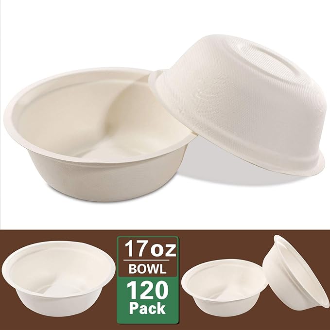 Nervure 120PCS Biodegradable Paper Bowls-16OZ Compostable Bowls Heavy Duty Nature-Made by 100% Sugar Cane Fibers,Microwave Hot Food Safe