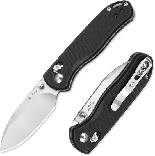 Kizer Drop Bear 2 Pocket Knife, 2.84" AEB-L Drop Point Blade Folding Knife with Black G10 Handle, Clutch Lock EDC Knives with Jimping on Spine for Men Women V3619.2KD1