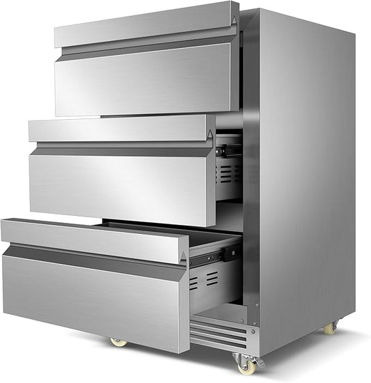 Stainless Steel 3-Tier Drawer Fridge Undercounter, Outdoor Beverage Refrigerator with Wheels, Waterproof Design and Temperature Control for Home and Commercial Use