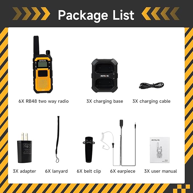 Retevis RB48 Heavy Duty Walkie Talkies with Earpiece, Support VOX, Waterproof Walkie Talkies Rechargeable, USB-C, 2000mAh, Dual PTT, Emergency 2 Way Radio(6 Pack)