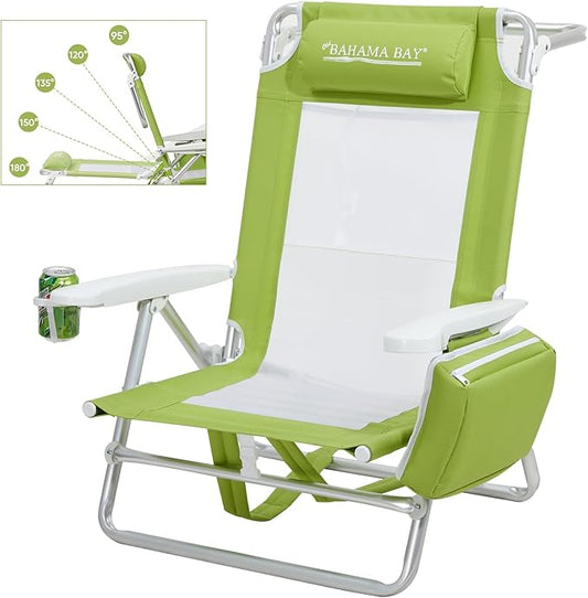 Reclining Beach Chair Backpack 5-Position Lay Flat Lounge Chair for Adults Heavy Duty Portable Folding Lightweight with Cooler Bag Camping Chair for Sand Outdoor