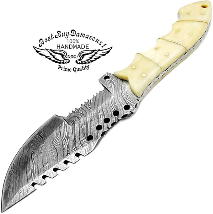 Camel Bone 9.5'' Tracker Knife - Fixed Blade Handmade Damascus Steel Outdoors & Sports Camping Hunting Knife