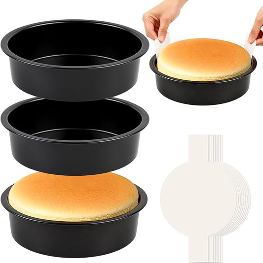 8 Inch Round Cake Pan Set of 3 - Nonstick Carbon Steel Cake Baking Pans with 100 PCS Parchment Paper, Dishwasher Safe, Durable for Layer Cakes, Birthday & Christmas Baking