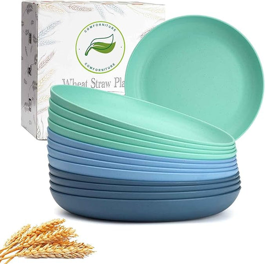 12PCS Unbreakable Dinner Plates, Dishwasher & Microwave Safe Plastic Plates Reusable, Lightweight Wheat Straw Plates for kitchen (Serenity, 9 IN)