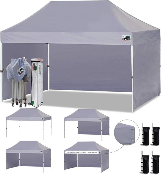 Eurmax USA 10'x15' Pop-up Canopy Tent Commercial Instant Canopies with 4 Removable Zipper End Side Walls and Roller Bag, Bonus 4 SandBags(Gray)
