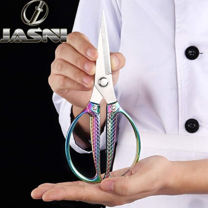 Jasni Stainless Steel Heavy Duty kitchen shears scissors for food meat poultry cooking cutting sharp Powerful strong professional All-Purpose pretty Color rainbow iridescent Titanium utility Office