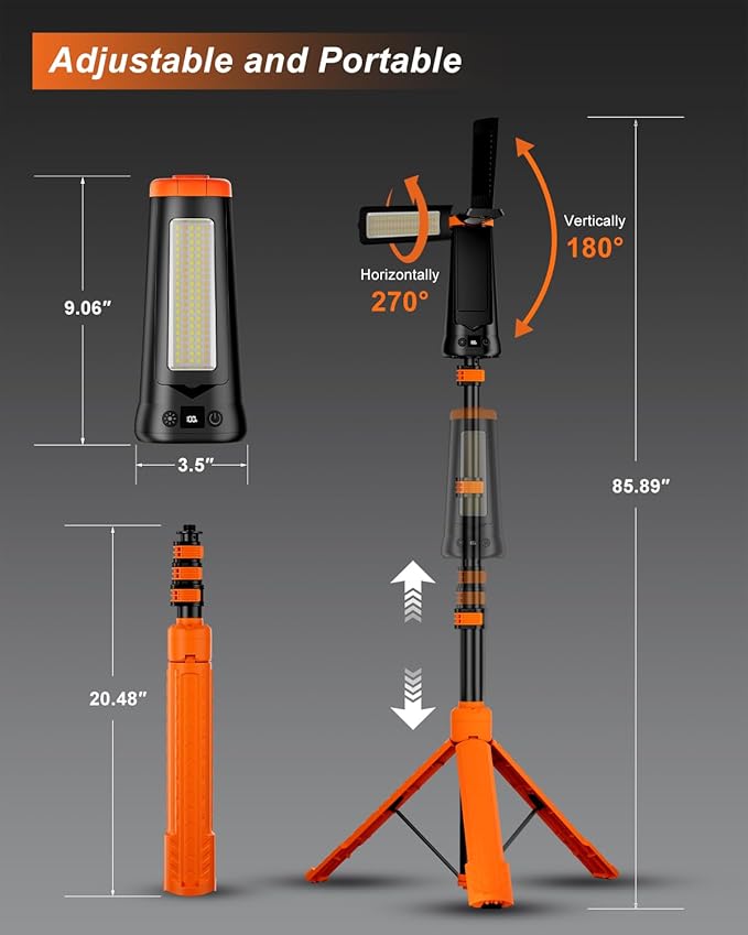 Camping Light with Stand 85.9" Rechargeable Cordless 5500 High Lumens LED Work Light, 10000mAh Solar Magnetic Waterproof Emergency, Dimmable Camping Essentials Gear with Detachable Tripod