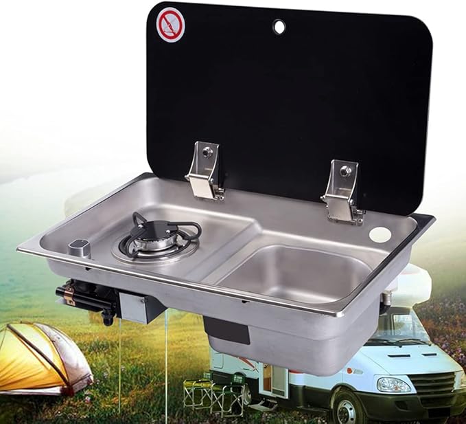Gas Camping Stove,2 Burners Boat Caravan RV Camper with Tempered Glass Panel, Boat Caravan Camper Burner Gas Stove Hob and Sink Combo