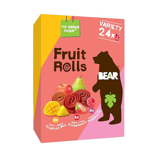 BEAR Real Fruit Snack Rolls - Gluten Free, Vegan, and Non-GMO - Variety Pack (Strawberry, Raspberry, Tropical)) – 48 Rolls, Healthy School And Lunch Snacks For Kids And Adults, 0.7 Ounce (Pack of 24)