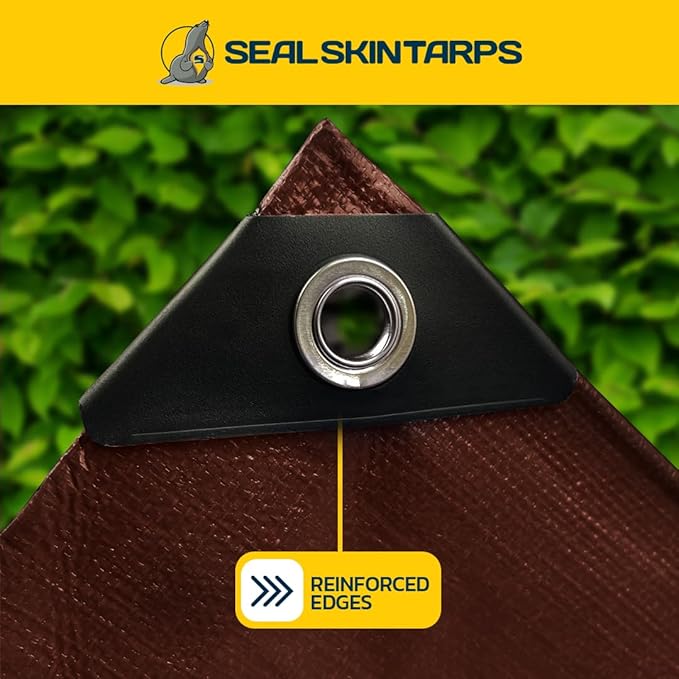 Seal Skin Covers Heavy Duty Waterproof Tarp 12x20 FT, 16 Mil 8 OZ 160 GSM Thick Brown Poly Tarp with Rustproof Grommets, Tear-Proof Cover with Reinforced Edges for Camping, Pool, Canopy Use