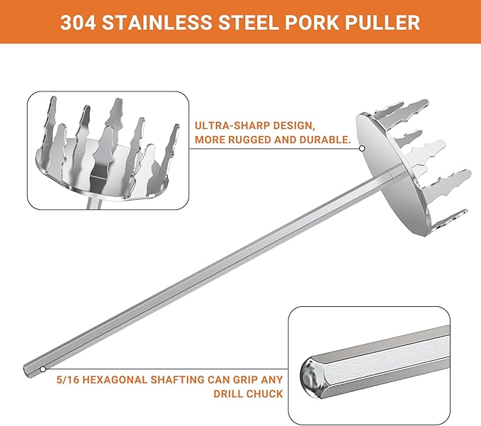 Onlyfire 4 Inch Pork Puller, Upgraded Ultra-Sharp Stainless Steel Meat Fork Meat Shredder Used with Standard Hand Drill for Beef, Chicken, Potato Masher and Tamale Meat