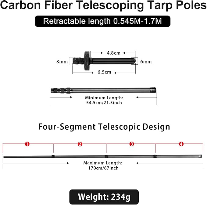 Telescoping Tarp Poles Heavy Duty Adjustable, Carbon Fiber Tent Poles, Portable & Lightweight for Tent Fly, Awning, Outdoor Camping, Hiking 5.6FT