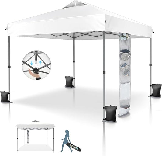 MFSTUDIO 10x10 Pop Up Canopy Tent, Outdoor Tent One Push Setup Instant Portable Shelter Canopies with Vented Top, Straight Legs, Wheeled Bag, 4 Sandbags, White