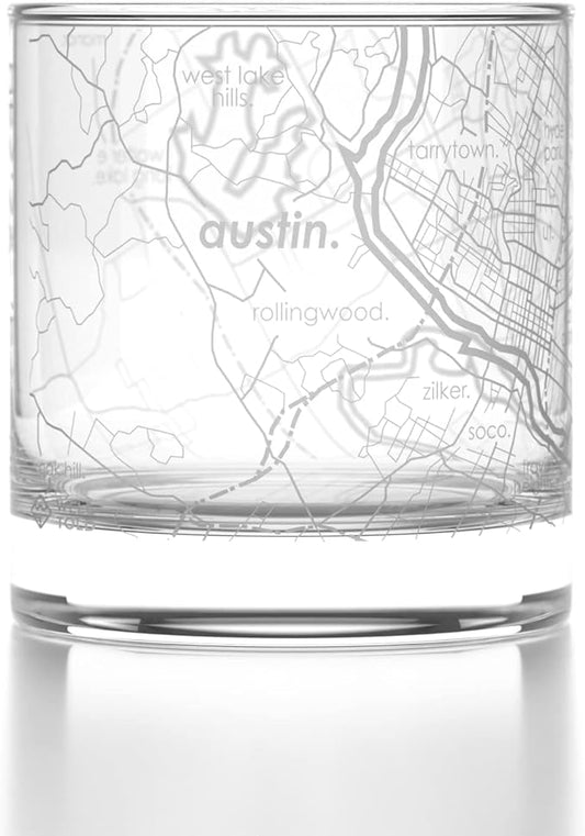 Well Told Engraved Austin Texas Map Rocks Glass, Old Fashioned Whiskey Glass (11 oz, Clear) Etched Whiskey Glass, Gifts For Whiskey Lovers