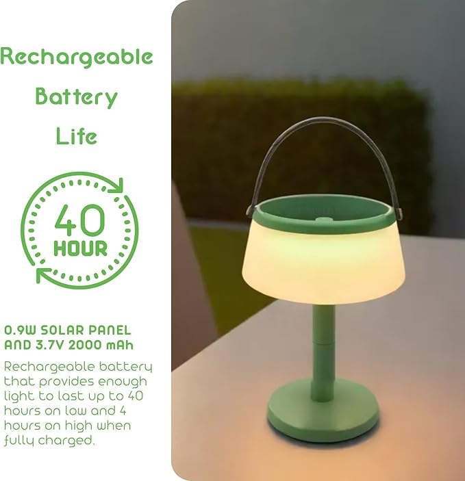 2-in-1 Portable Solar Power LED Table Lamp & Lantern - Indoor/Outdoor - Stepless Dimming - Rechargeable Battery - 330 lumens, 2700K - IP44 Weather Resistant - Green