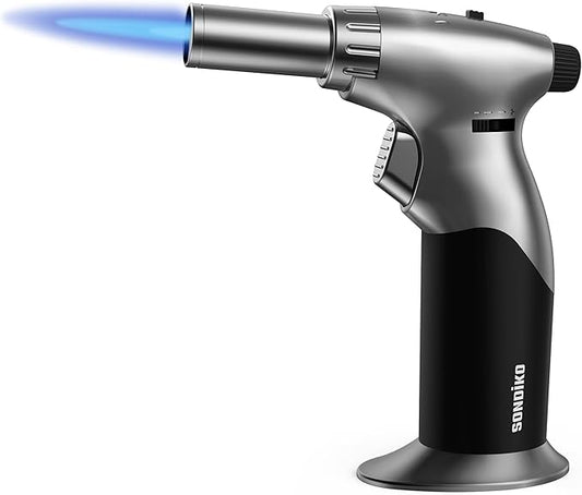 Sondiko DUAL Style Flame Butane Torch Lighter, Adjustable Flame Size Butane Lighter, Refillable Blow Torch with Continuous Flame Lock for Creme Brulee, Cooking(Butane Gas Is Not Included)