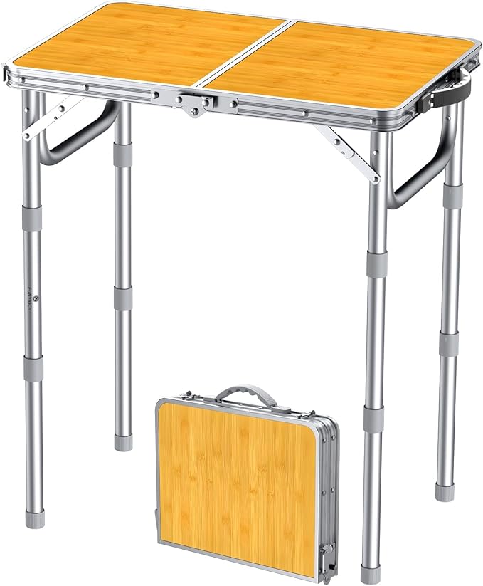 FUNYKICH 2ft Small Folding Camping Table, 3 Height Adjustable Portable Picnic Table, Lightweight Aluminum Outdoor Tables with Carry Handle for Camping, Picnic, BBQ, 58x40cm(L22.8 xW15.7)