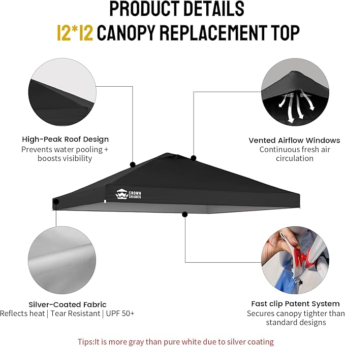 CROWN SHADES 12x12 Canopy Replacement Top - Only Compatible with Crown Shades RM144 Series, Silver Coated with Air Vent, Black (Top Only)
