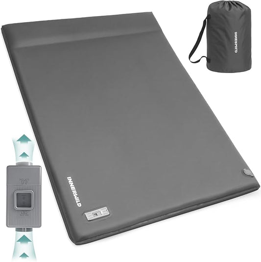 Double Camping Sleeping Pad with Electric Pump, 3.15" Thick 2 Person Self Inflating Memory Foam Mattress Pad with Pillow, Portable Sleeping Mat for Travel, Car, Tent, Home - Grey, Full Size