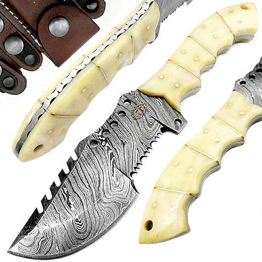 Camel Bone 9.5'' Tracker Knife - Fixed Blade Handmade Damascus Steel Outdoors & Sports Camping Hunting Knife