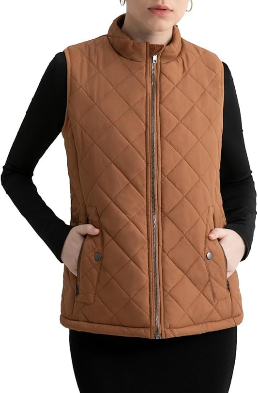 Women's Vest, Quilted Puffer Water-Resistant Zip With Pockets