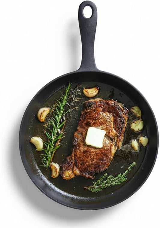 Flambo 12 Inch Cast Iron Skillet - Naturally Non-Stick, Pre-Seasoned Frying Pan, Smooth Nonstick Finish for Grilling, Frying, Sauteing, Searing, Baking - Use on Oven, Stove, Grill, or Campfire