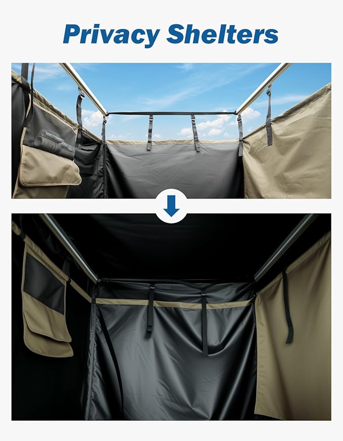 JOYTUTUS Car Shower Tent with Roof, Full Privacy Protection, Dry and Wet Separation Zones and Pockets, 1000D Waterproof Awning Shower Tent, Heavy-Duty Stakes, Outdoor Shower for Overland SUVs