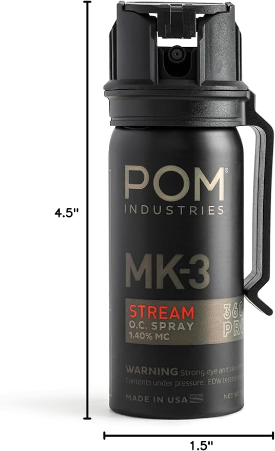 POM MK3 Pepper Spray, Belt Clip Model, Maximum Police Strength OC with UV Marking Dye, Quick Flip Top Safety, 360° Performance at Any Angle, Powerful Accurate Stream, 18 ft Range, 1.8 fl oz