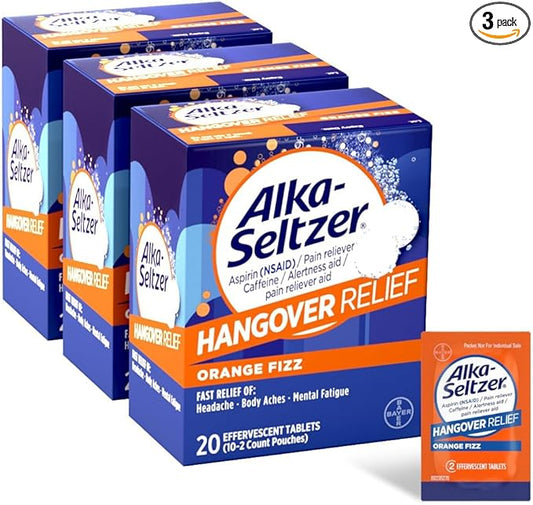 Alka-Seltzer Hangover Relief Tablets, Fast Relief Starts In About 15 Minutes for Headaches, Body Aches & Mental Fatigue, Bachelorette & Bachelor Party Packs 60 Count (3 Boxes, 20 Tablets Each)