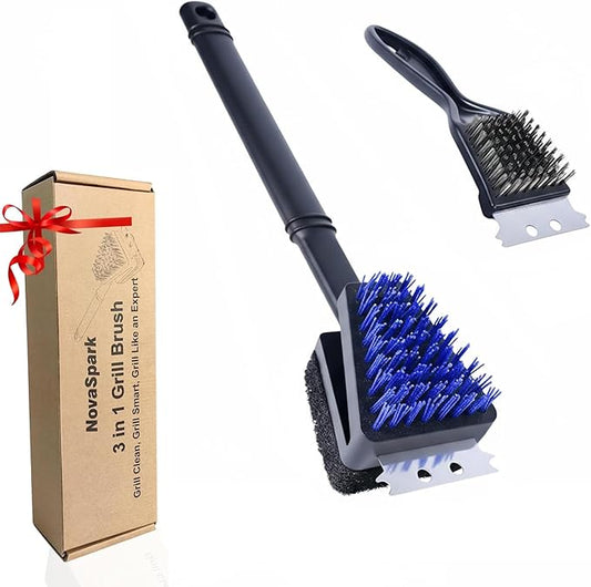 Nylon Bristle Grill Brush for BBQ - Heavy Duty Grill Cleaning Kit with Scraper, Safe for All Grill Types - Non-Scratch Bristles & Long Plastic Handle - Outdoor Barbecue Brushes 2-Piece Set