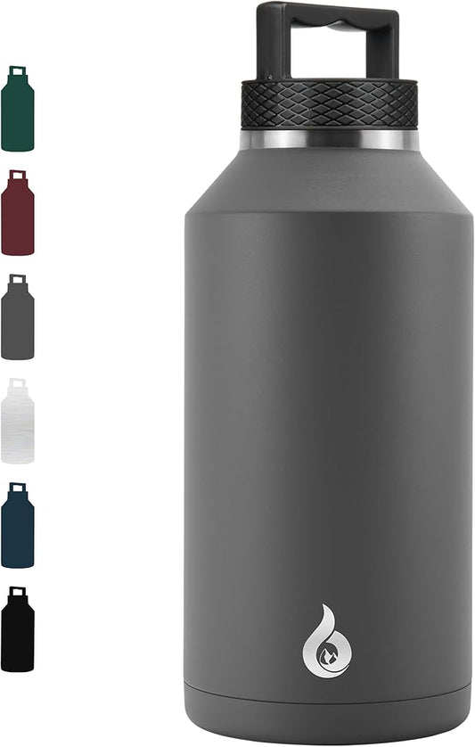 BJPKPK Half Gallon Water Bottle Insulated, Dishwasher Safe 64 oz Water Bottle with Handle, Leakproof BPA Free Water Jug, Large Stainless Steel Thermo for Sports, Grey