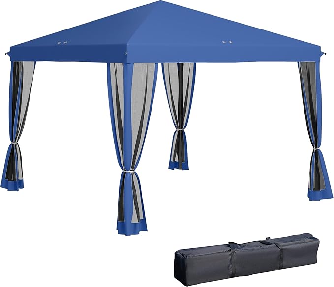 Outsunny 10' x 10' Pop Up Canopy Tent with Netting, Instant Gazebo, Screen House Room with Carry Bag, Height Adjustable, for Outdoor, Garden, Patio, Camping, Blue