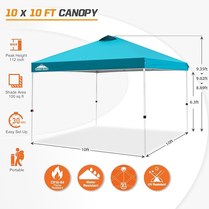 EAGLE PEAK Pop Up Canopy Tent with Wheeled Carry Bag, 8 Stakes, 4 Ropes, 4 Weight Bags, Easy Set Up Tent Canopy, 10x10 ft, 100sqft of Shade, Turquoise
