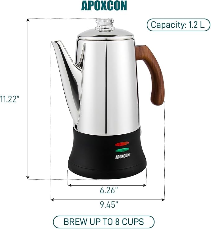 Electric Coffee Percolator Stainless Steel Coffee Maker with Two Heat Resistant Glass Knob & Treated Solid Wood Handle Keep Warm Cordless Serve Elegant Design Coffee Pot On/OFF Switch 8 Cup