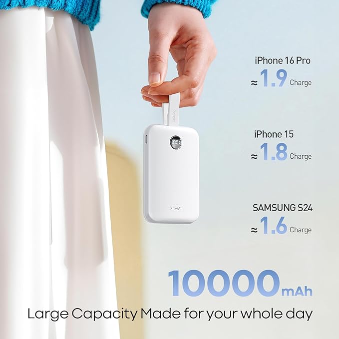 iWALK Magnetic Power Bank 10000mAh, 30W Wireless Portable Charger with Fast Charging USB-C Cable,Qi2 Certified 15W Battery Pack with LED Display for iPhone 16/16 Pro/15/14/13/12 Series, Samsung Galaxy