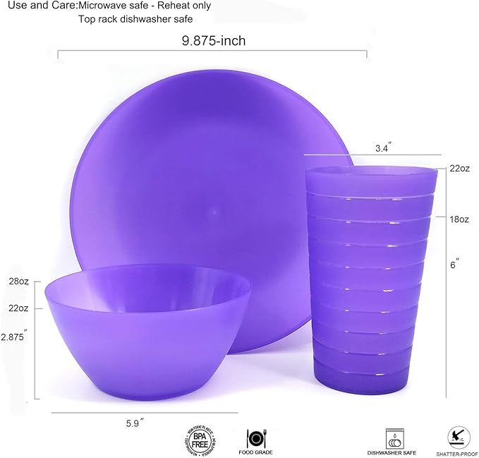 18-Piece Plastic Dinnerware Set, Unbreakable and Reusable Plastic Plates Bowls Tumblers, Multicolor