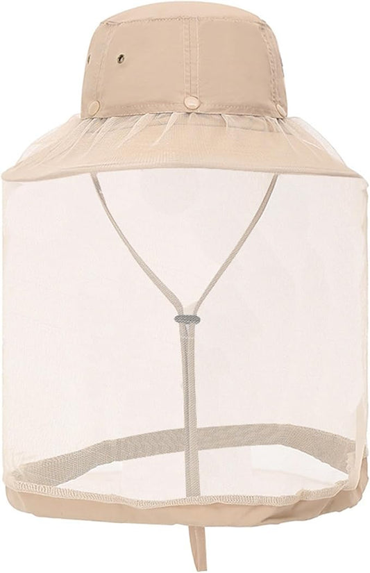 Mosquito Sun Hat with Net, Concealable Mesh, Drawstring Adjustable Skirt and Wind Cord, for Fishing Beekeeping Gardening