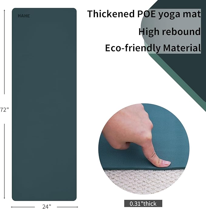 HAHE Yoga Mat Thick (8MM,1/3"), Eco-Friendly POE Non Slip Yoga Mat, High Rebound & Shock Absorption, Anti-Tear & Sweat-Resistant for Yoga, Fitness, Home, Workouts, Large Pilates Mats 72"x24" with Carrying Strap