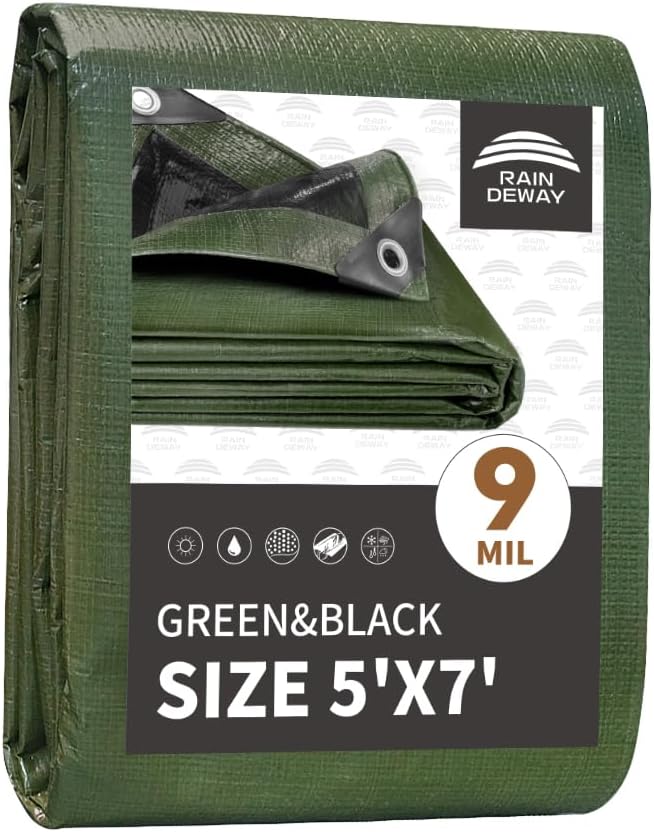 RAINDEWAY Tarps 5x7 Feet,Small Tarp Waterproof,9Mil Thick Finished Size,Multipurpose Poly Tarp Cover with Metal Grommets and Reinforced Edges,Green/Black Tarpaulin