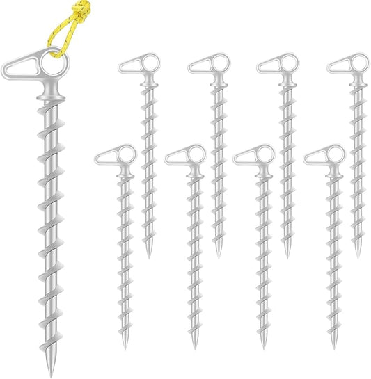 11" Aluminum Screw-in Ground Anchors - Heavy Duty Metal, Non-Rust Spiral Tent Stakes for High Wind, Grass, Sand, Camping, Canopies, Trampolines & Outdoor Securing