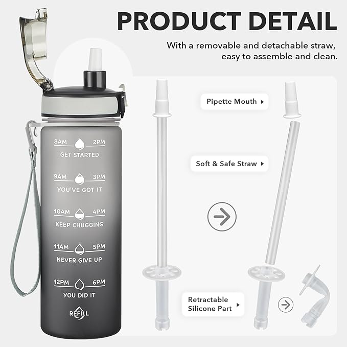 Enerbone Water Bottle, Leakproof BPA & Toxic Free, Motivational Water Bottle with Times to Drink and Straw, Fitness Sports Water Bottle with Strap for Office, Gym, Outdoor Sports