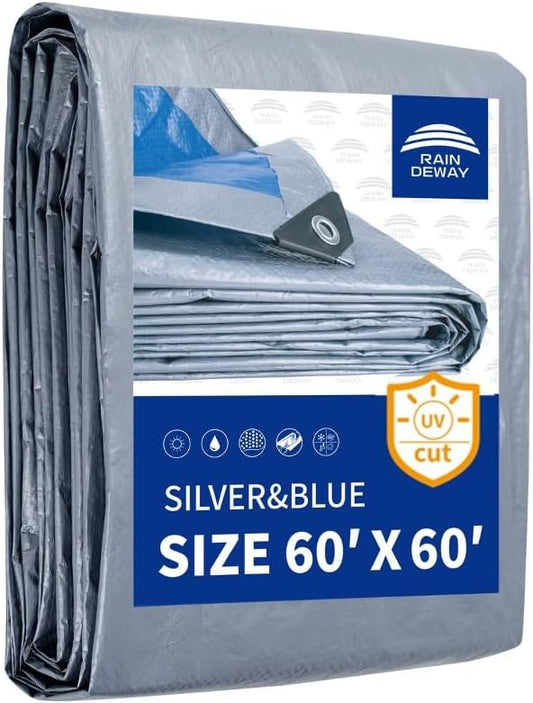 RAINDEWAY Large Tarps 60x60 Feet, 5.5 Mil - Multipurpose Waterproof Poly Tarp Cover with Metal Grommets and Reinforced Edges, Silver/Blue Tarp