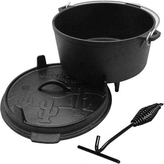 Cast Iron Dutch Oven Pot with Lid,2-in-1, 8 Quart and Lid Lifter Tool for Outdoors and Indoor Use Pre-Seasoned Camping Cookware Pot for Frying Griddling Stewing