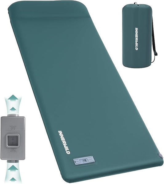 Camping Sleeping Pad with Electric Pump, 3.15" Ultra-Thick Self Inflating Memory Foam Camping Mattress Pad with Pillow, 4-Season Portable Camp Sleeping Mat for Travel,Car,Tent,Home-Green