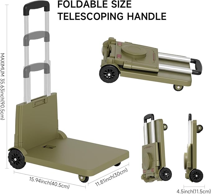 [220LBS Capacity] 4-Wheel Folding Hand Truck with Strong Base & Ropes - Heavy Duty Platform Cart for Moving/Shopping | Space-Saving Foldable Design Black Utility Carts Trolley Cart, (Green, M)